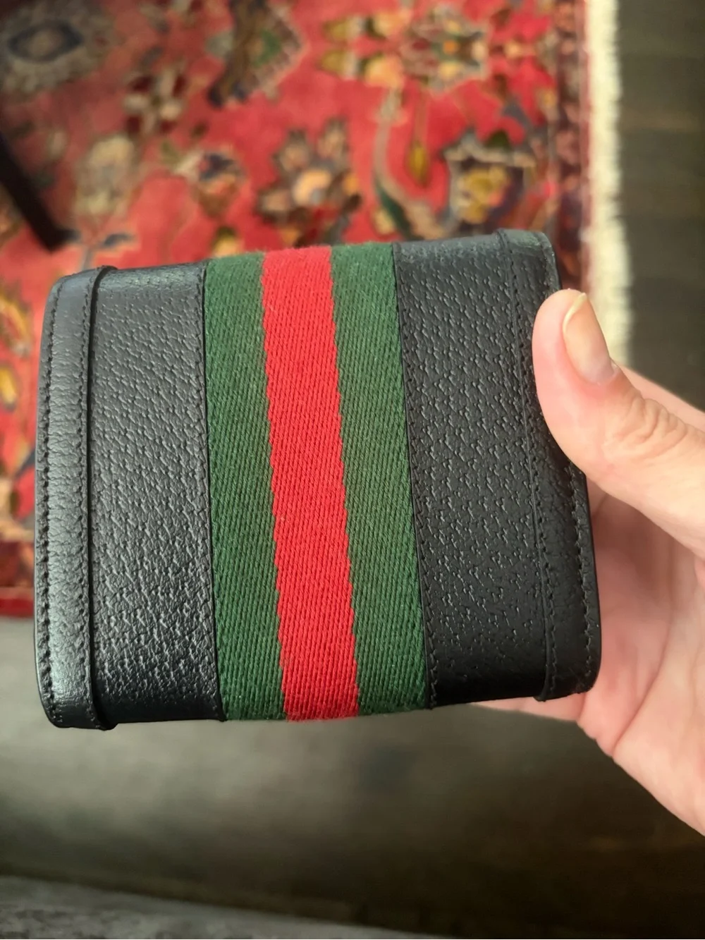 Gucci Black Leather Tri-Fold Wallet with Green and Red Stripe *like new